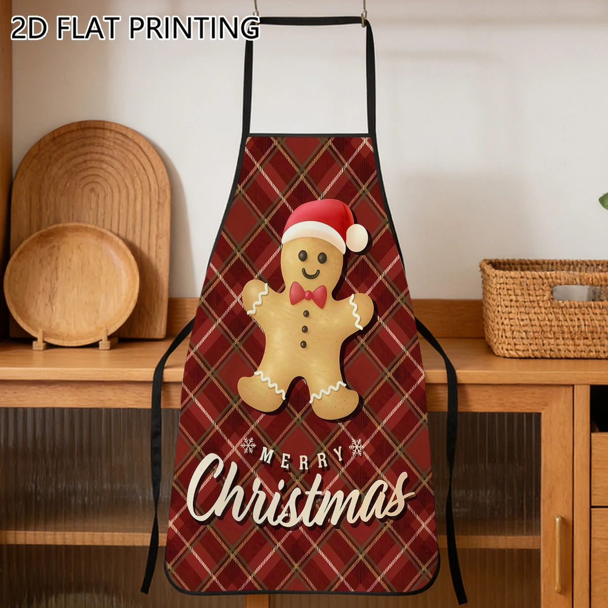 1pc Christmas Gingerbread Man Pattern Apron For Baker Cooking Holiday Kitchen