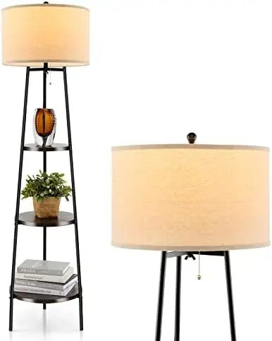 

Floor Lamp, 3 Tier Display Floor Lamp with Shelves and Linen Lampshade, Modern Standing Lamp for Living Room Bedroom Office Dec