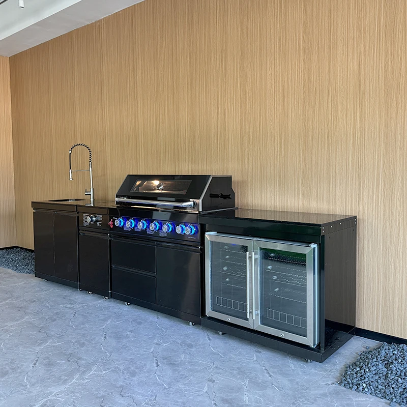 New Kitchen Design 304 Stainless Steel Black Acrylic Waterproof Outdoor Cabinet with Gas BBQ Grill Faucet Built-In Sink Custom