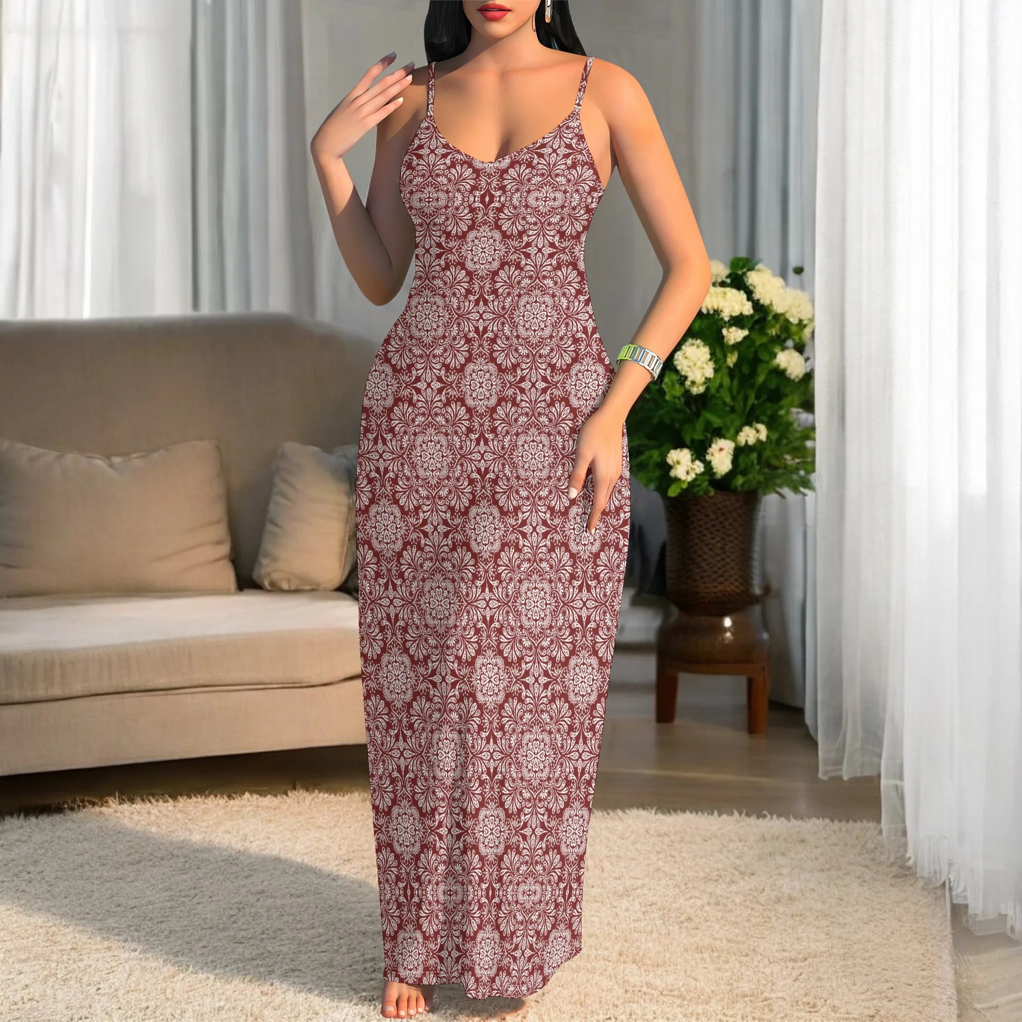 

Women's Vintage Floral Maxi Dress Boho V-Neck Spaghetti Strap Slim Fit Dress for Holiday Vacation Wear S-3XL