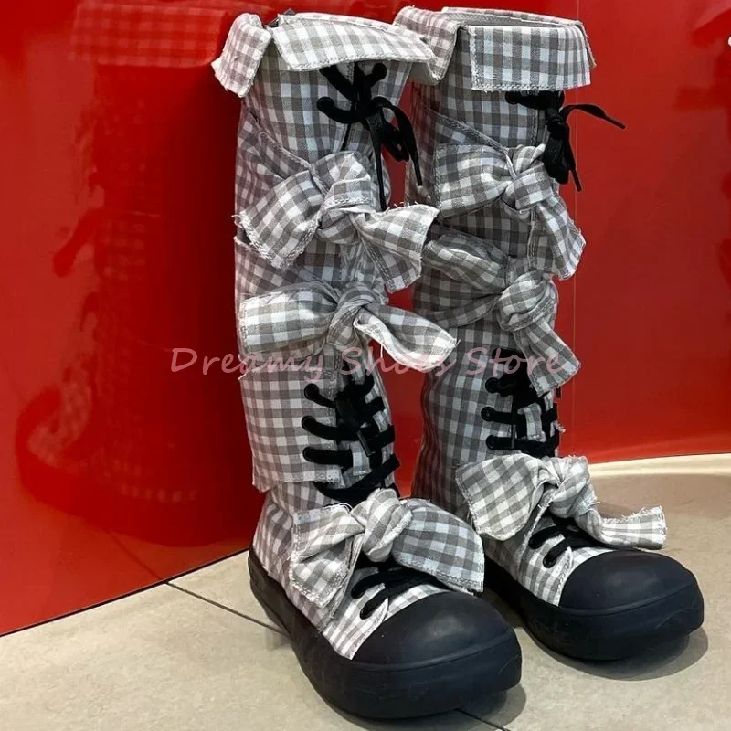 

Lace Up Bows Canvas Flat Knee High Boots Women Patchwork Cross Tied Long Boots Fashion Trendy Street Style Party Casual Shoes