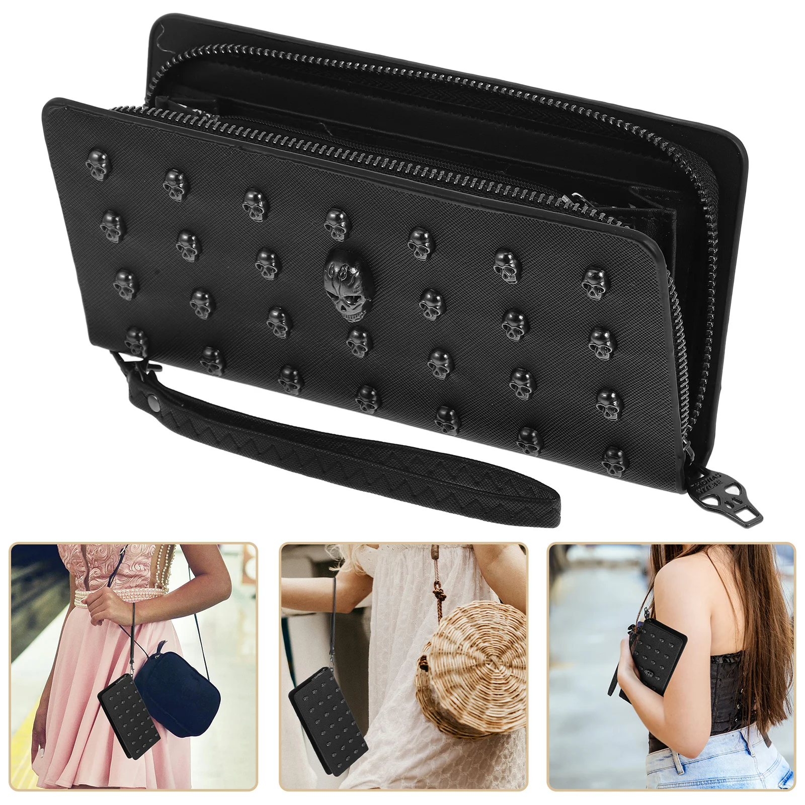 

Stylish Long Wallet for Women Black PU Skull Decorated Multi Pocket Purse with Wrist Strap 20x10.5x2.5cm