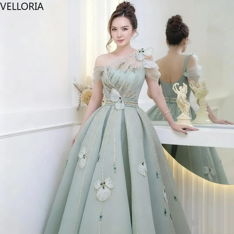 

Light Green One Shoulder Prom Dress Puffy Gauze Ball Gown Luxurious Beaded Bow Formal Evening Dress Vestdos De Fiesta Customized