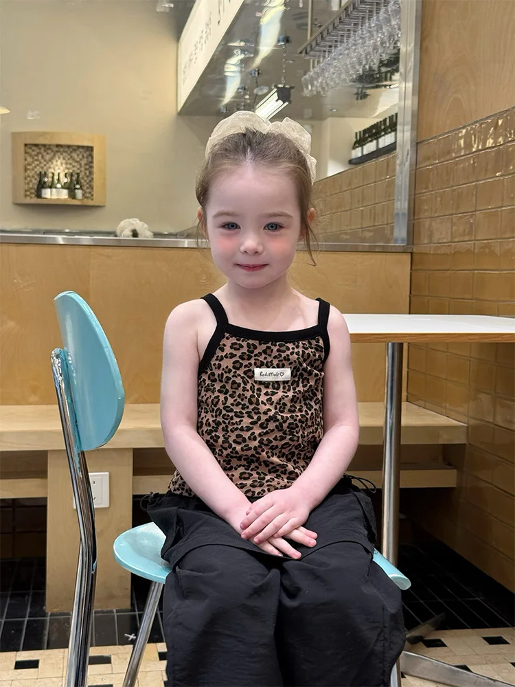 

Girls2025Summer New Children's Leopard Print Vest and Strap Versatile Design Casual Pants Two-Piece Set Trendy