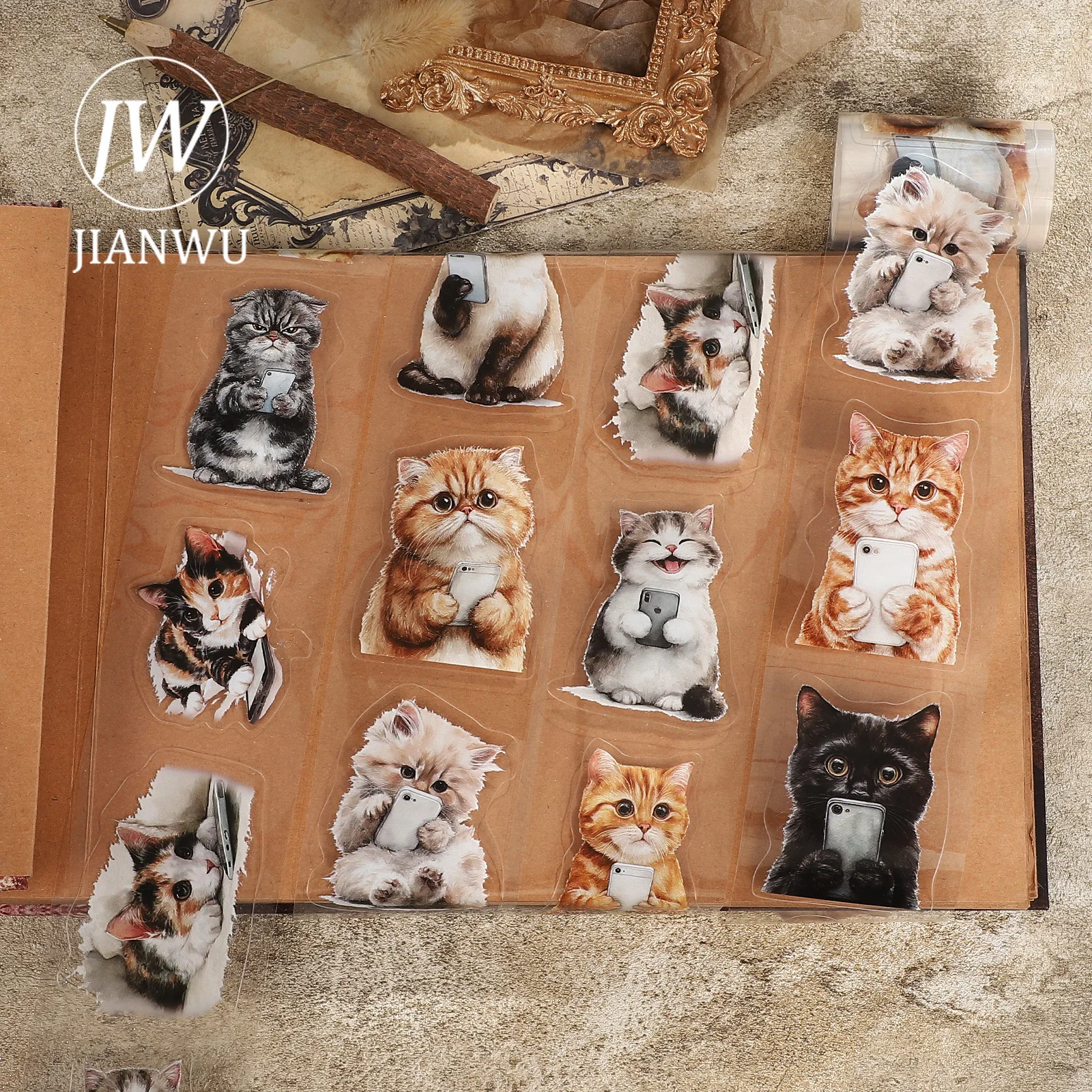 JIANWU 60mm*200cm Cute Cats Landscape Material Collage Scrapbooking PET Tape Creative DIY Journal Stationery