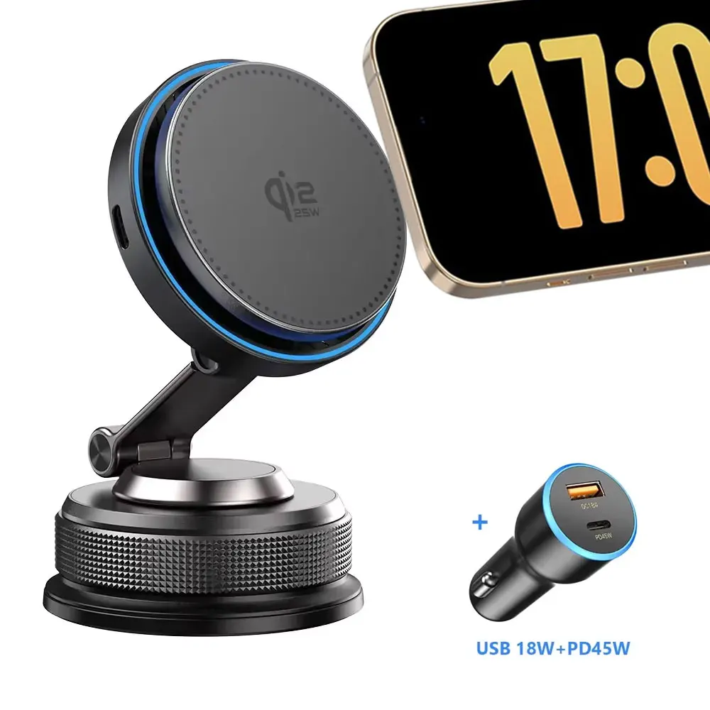 磁力式qi2-25w-車載ワイヤレス充電器、吸盤式スタンド＋iphone-17～12-pro-max用63w-車載充電器、急速充電対応スマートフォンホルダー