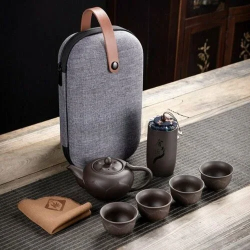 Chinese Kung Fu Tea Set Purple Clay Teapot Cups Set Portable Tea Caddy Bag