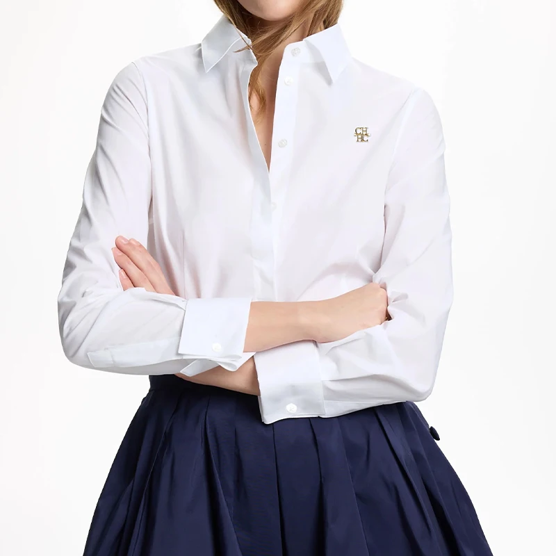 CH Women Elegant White Lapel Shirt Gold CH Logo  Long Sleeve Blouse Formal Office Lady Workwear Slim Fit Basic  Shirts