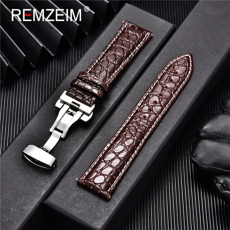 REMZEIM 18mm 20mm 22mm 24mm Calfskin Genuine Leather Watch Band with Solid Automatic Butterfly Buckle Business Watchband