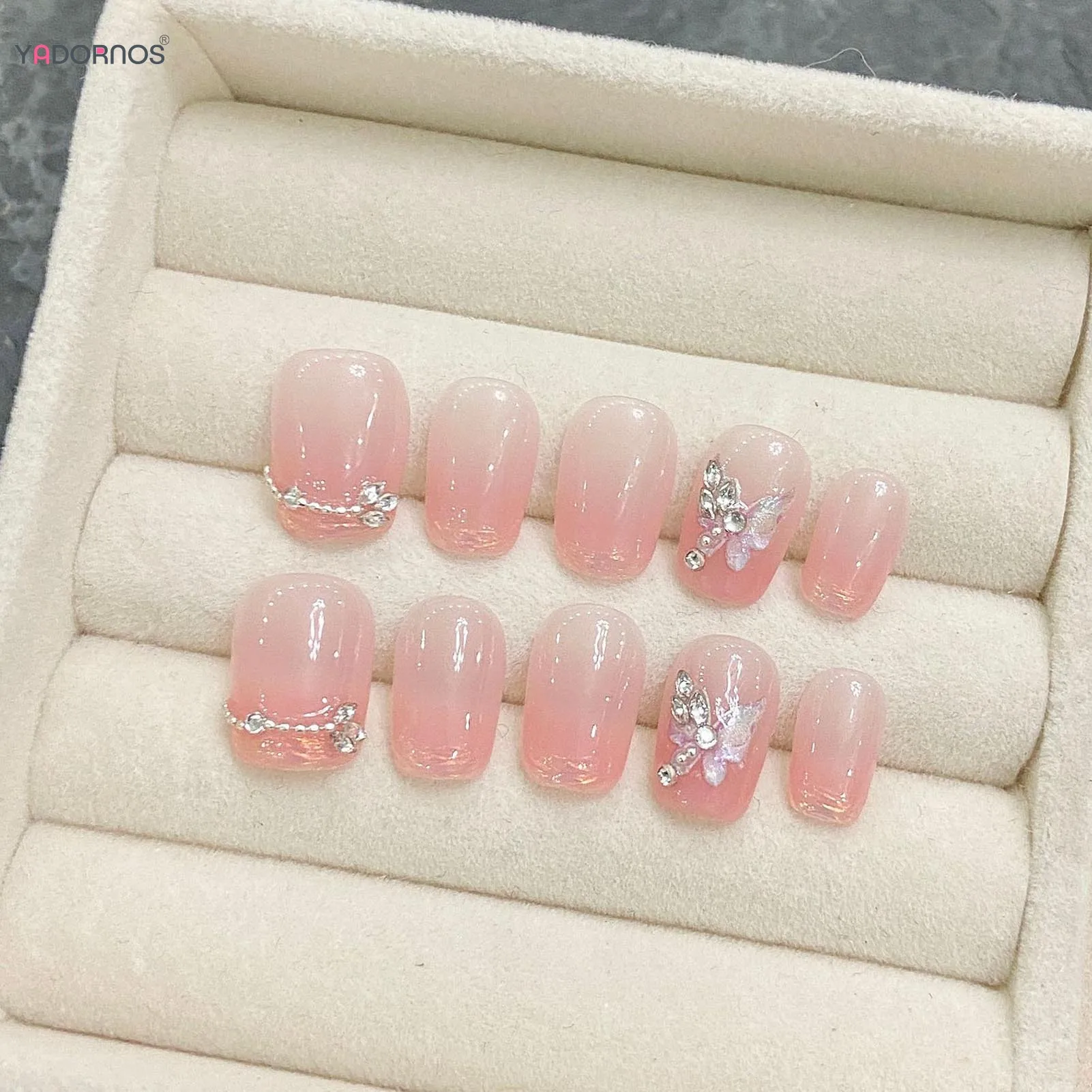 

10Pcs Blush Pink Press on Nails Short Square Fake Nails Rhinestone Butterfly Designs Handmade Wearable Manicure for Woman Girls