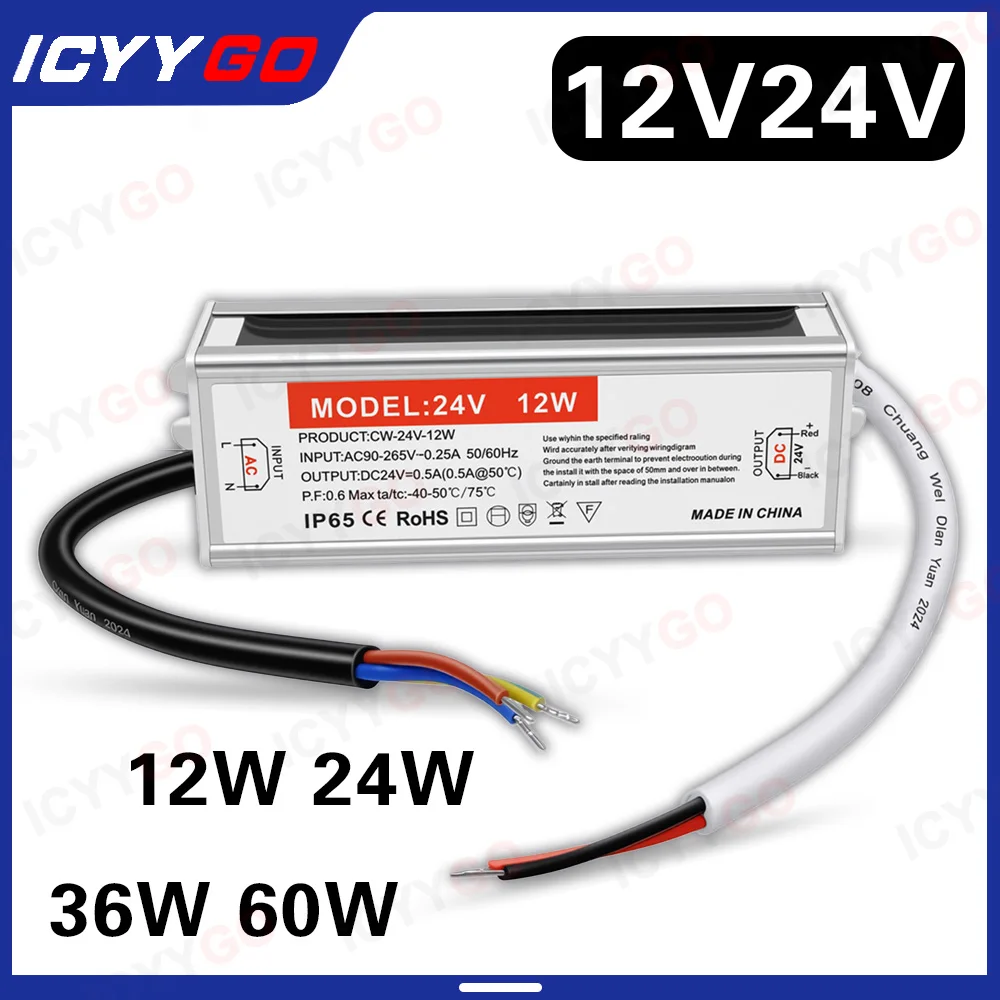 

Водонепроницаемый трансформатор питания IP68 мощностью 12 Вт, 24 Вт, 36 Вт, 60 Вт для наружного освещения, AC90-265 В в 12 В/24 В, водонепроницаемый светодиодный драйвер