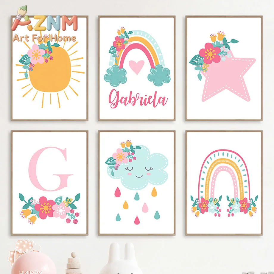 Cute Sun Rainbow Clouds Stars Flowers Nursery Wall Art Canvas Painting Cartoon Posters And Prints Pictures Baby Kids Room Dec