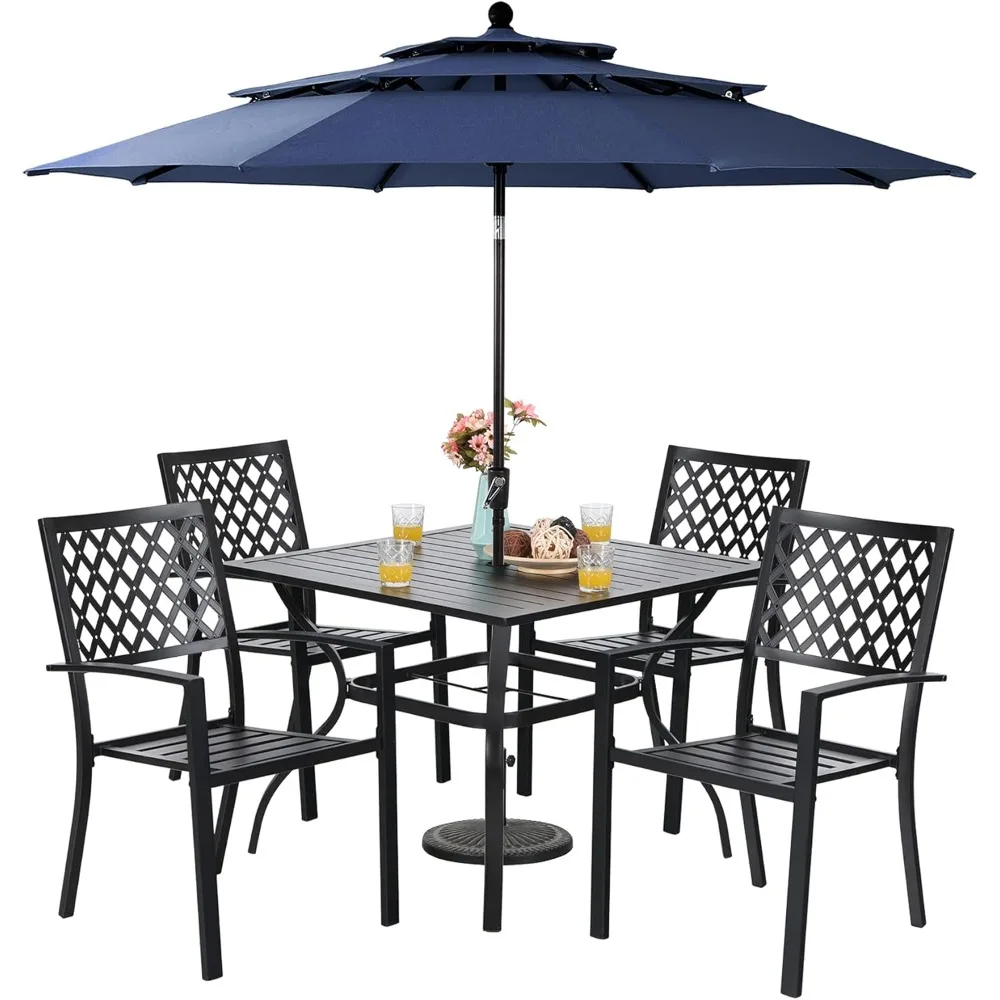 Metal Outdoor Patio Dining Set 6 PCS with 10ft 3 Tier Auto-tilt Umbrella, 4 X Metal Outdoor Chairs, Umbrella