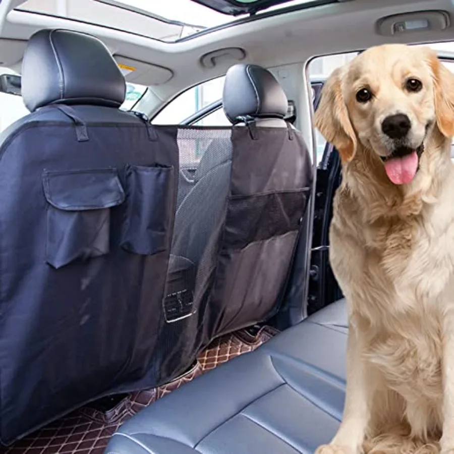 Barrière universelle pour voiture de chien avec sac de rangement et corde réglable pour séparateur de siège arrière SUV pour voyager en toute sécurité avec et animaux de compagnie
