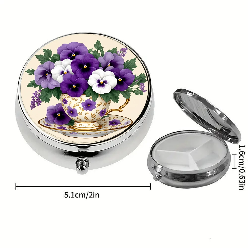 1 Purple Two-Dimensional Pill Box with a Purple and White Daisy Design, Divided into Three Compartments It Is a Portable Medicine Storage Box, Safe and Easy to Carry, Suitable for Placing in a Wallet or Purse, and Is Ideal for Use When Going Out.