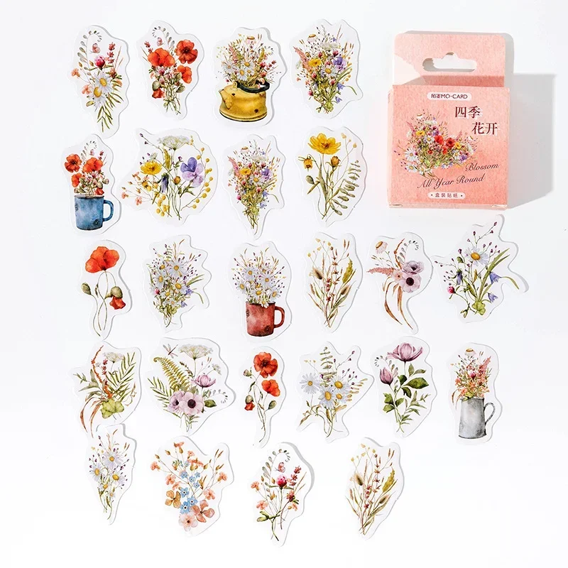 46Pieces Box stickers Four Seasons Flowers Fresh Plant Illustrated Handbook Material Seal Label Notebook Scrapbook cut 4CM