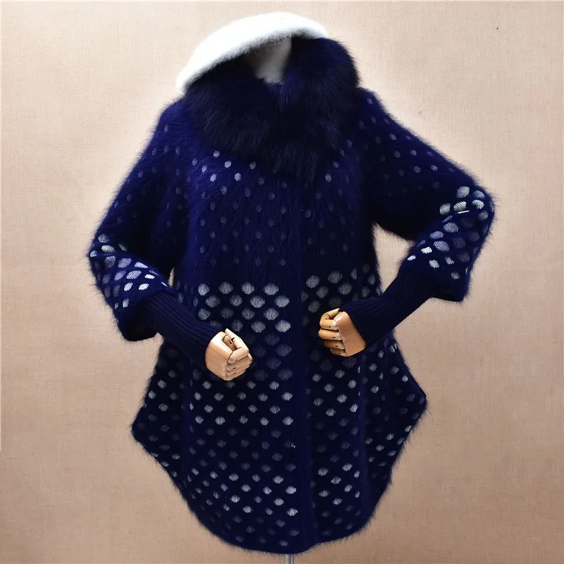 

Elegant Fashion Ladies Women Fall Winter Thick Warm Blue Hairy Plush Mink Cashmere Knitted Fur Collar Slim Cardigan Sweater Coat