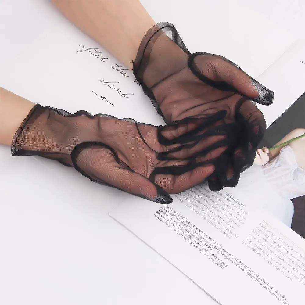 Fashion White Ultra Thin Faux Silk Wedding Black Finger Gloves Mesh Opera Gloves Short Gloves