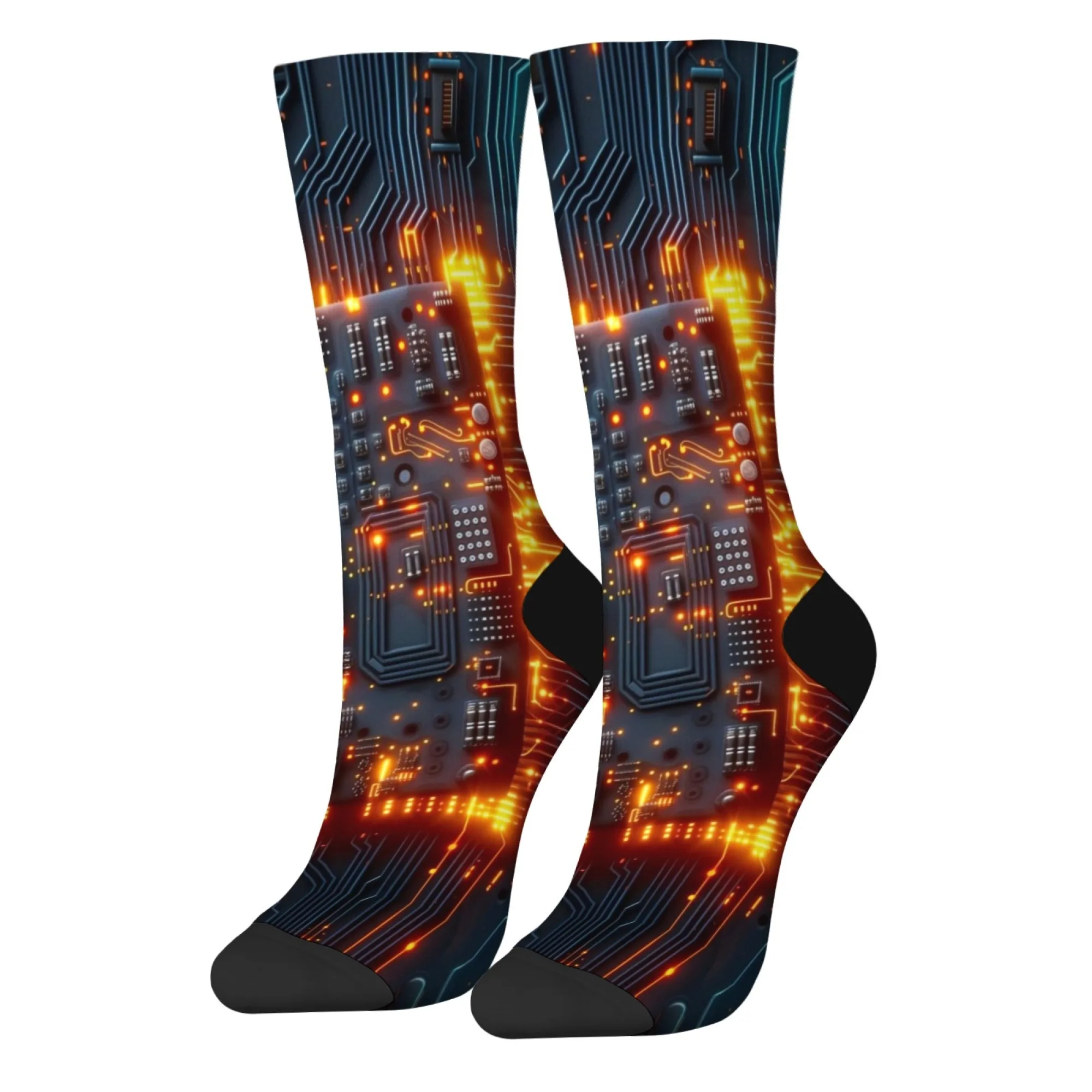 Flame Circuit Board Men's Socks Cyberpunk Style Novelty Funny Happy Crew Socks Comfortable Non-Slip Casual Sports Socks Gift
