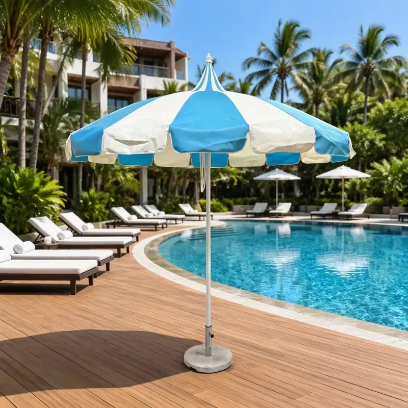 Retro green and white striped manual patio parasol with wavy edge, windproof and durable, suitable for outdoor gardens,