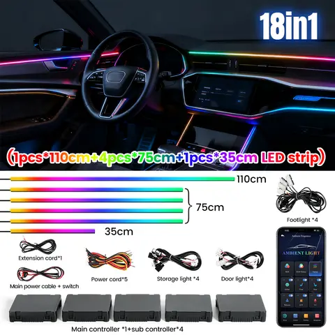 Dreamcolor Acrylic Interior Car LED Strip Light with Wireless APP, RGB 6/10/18 in 1 with 175 inches Fiber Optic Strip Lights for Car, Dynamic Chasing Music Sync Neon Car Ambient Lighting Kits