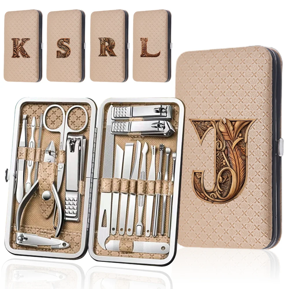 19 Pcs Nail Clippers Set Storage Box Portable Nail Clippers Set Travel Nail Tools Kit Personal Care Wood Art Letter Pattern