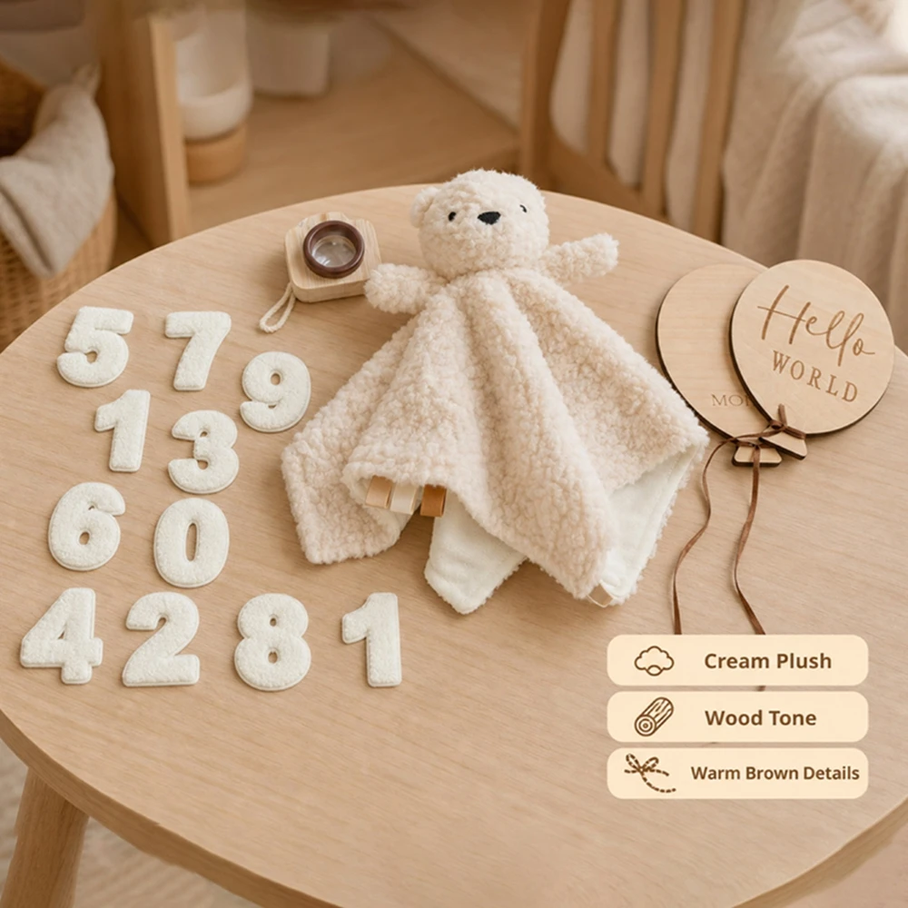 Baby Teddy Plush Comforter 0-9 Numbers Hello World Wood Camera 0-12M Newborn Milestone Gift Set Photography Accessories