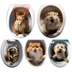 3D Cute Cat Dog Raccoon Toilet Sticker Bathroom Toilet Cover Sticker Animal Wall Stickers Wc Accessories For Home Bathroom Decor