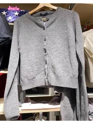 Cárdigans ajustados Vintage para mujer, suéteres de algodón de manga larga con cuello redondo, cárdigan liso informal, Tops elegantes, color gris, novedad de invierno, 2022