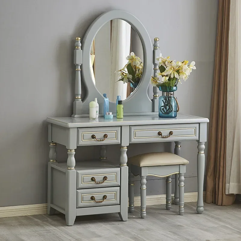 American light luxury solid wood dresser, high-grade gray-painted gold furniture with mirror makeup table stool combination