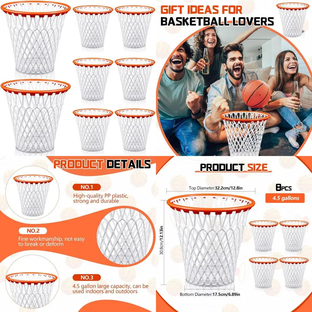 

Basketball Hoop Wastebasket - 8 Pack Round Mesh Plastic Trash Cans with 4.5 Gallon Capacity for Home and Office Use