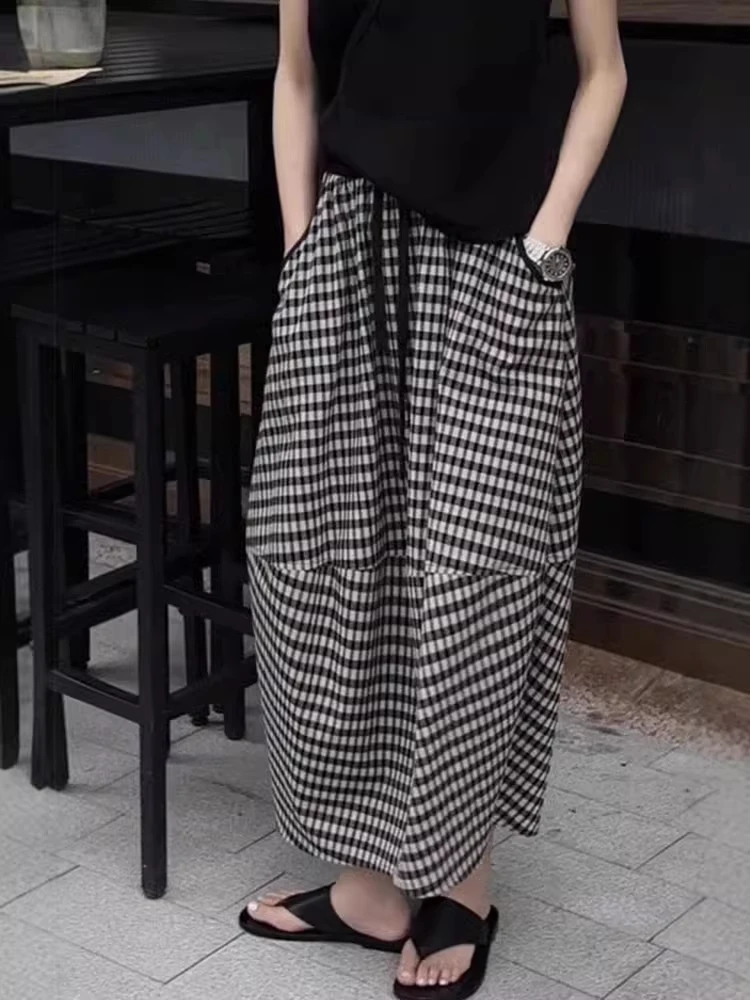 

Bla And White Plaid A-Line Skirt Women's Summer Thin Large Size Loose Slimming Small Size Flower Bud Skirt