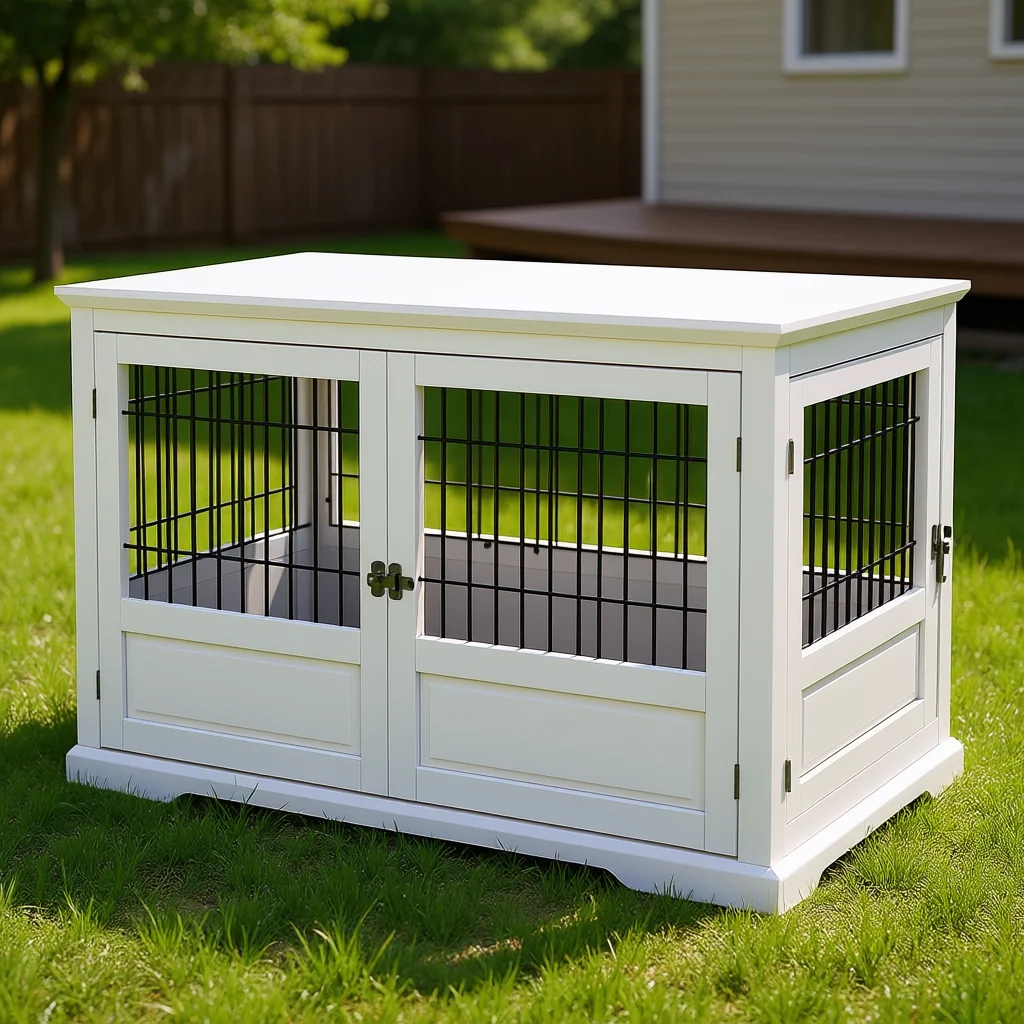 White 43 Inch Dog Kennel with Removable Tray 3 Doors Pet House for Large Dogs Indoor Outdoor Use Classic Wood Design