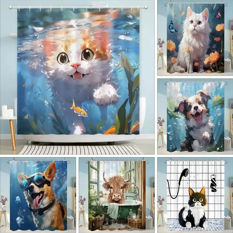 Funny Diving Cat Shower Curtain Cartoon Animals Oil Painting Style Polyester Washable Shower Curtains Bathroom Decor with Hooks