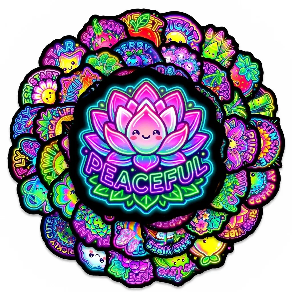 50Pcs Neon Fluorescent Plant & Fruit Stickers, Cute Cartoon Dopamine Style Decals for DIY Decoration Papery Pop Store