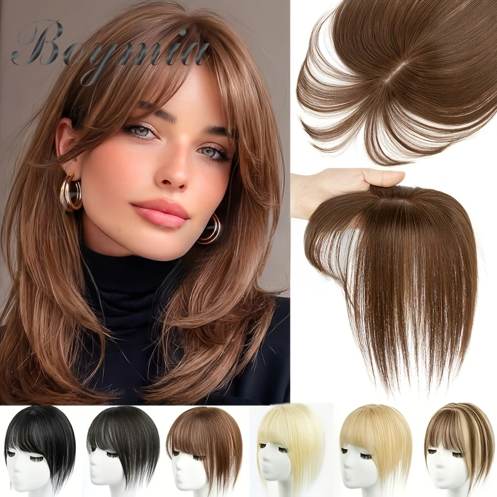 Real Human Hair Toppers Extensions with Bangs for Women Hide Bald Spots Or White Hair, Increase Hair Volume, Straight Human Hair, 1.97x3.54inch Base Breathable Mesh, Easy to Wear, Suitable for Daily Or Various Occasions