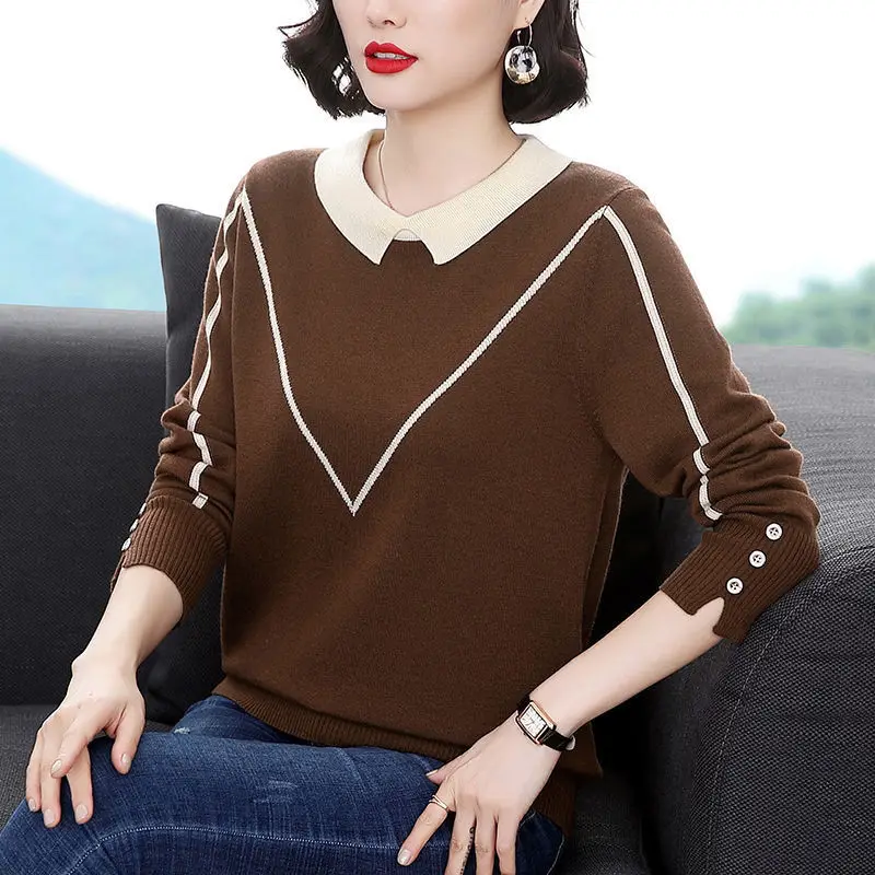 Women Korean Fashion Patchwork Elegant Knitted Sweater Autumn Winter Long Sleeve Loose Pullover Tops Casual Jumper Ropa De Mujer