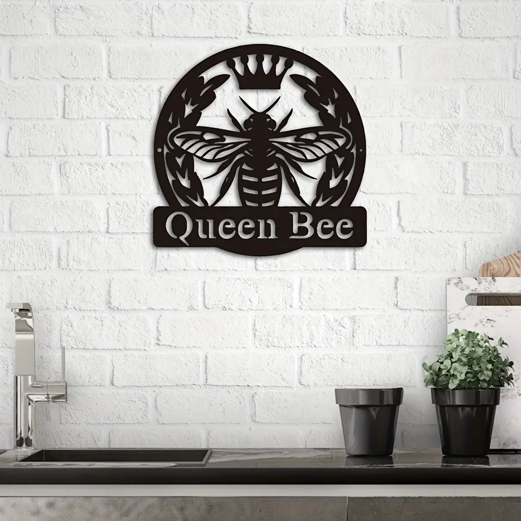1pc Bee Queen Monogram Metal Wall Hanging Sign Perfect Wall Art Decor for Your Patio Garden or Housewarming Gift Art