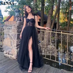 Sansa Black Lace Embroid On Chest A-line فساتين سهره فاخره 2023 Sexy Side Split Tulle فساتين السهرة Sweetheart Prom Dresses