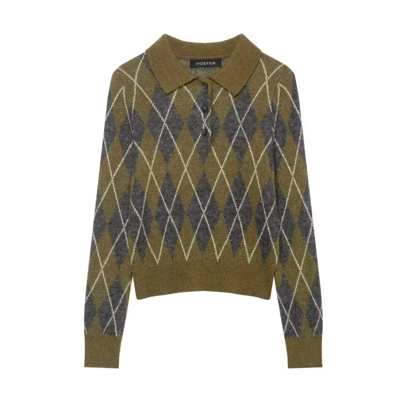 Women's Diamond Knitted Polo Shirts Winter European And American Style Long Sleeves Pullover Female Elegant Tops