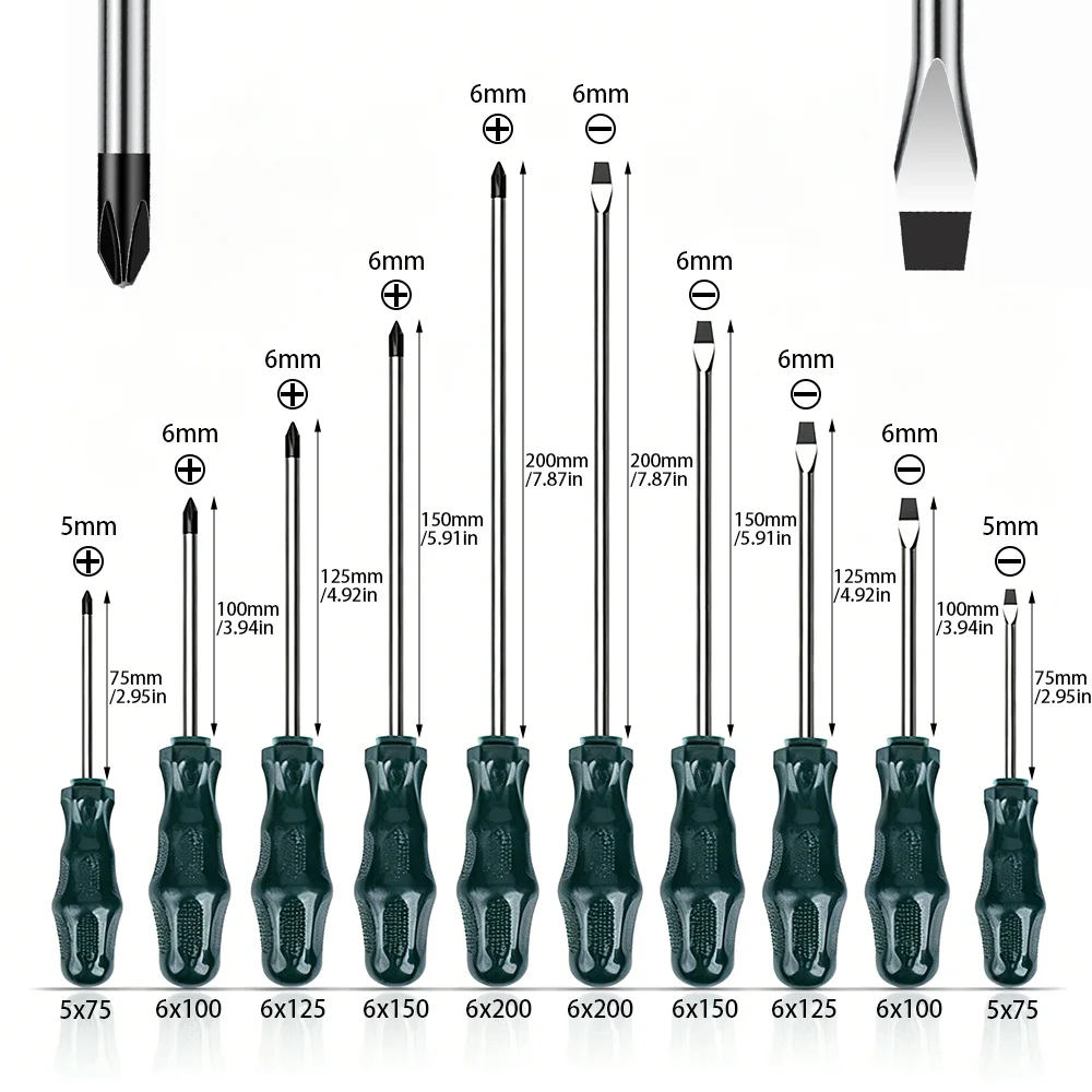 10-Piece Chrome Vanadium Steel Magnetic Screwdriver Set with Phillips and Slotted Tips, Compatible with Japanese Standard Screws