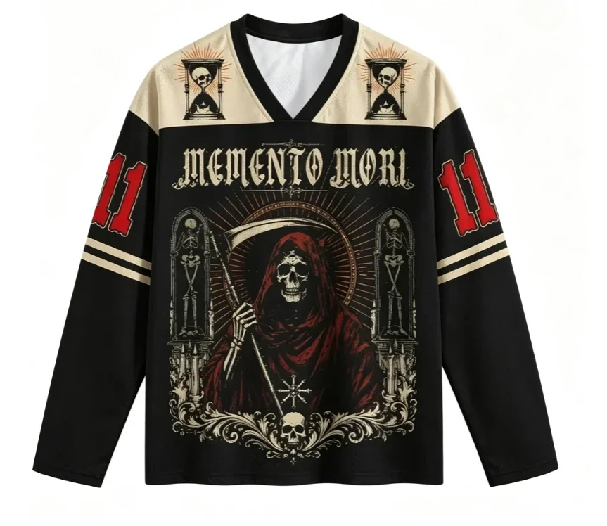 Vintage Grim Reaper Graphic Long Sleeve Jersey Straight Cuff Mesh T Shirt Gothic Streetwear Unisex Y2k Tops Women's T-shirt