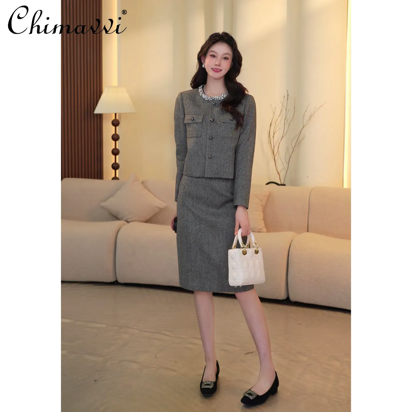 

French Chic OL Set Spring and Autumn New Exquisite Handmade Diamond Short Jacket and Midi Skirt Two-piece Women's Outfits