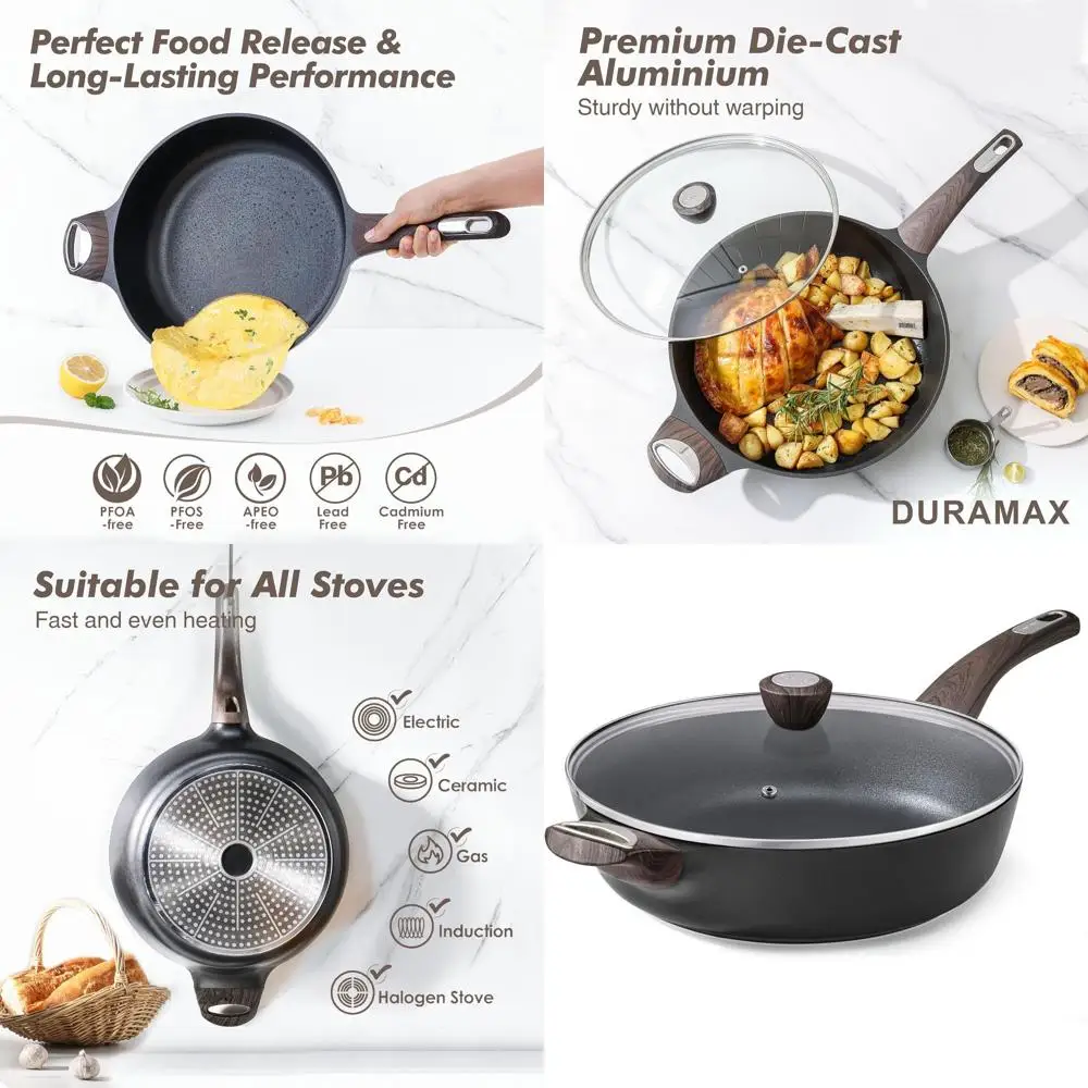 

12-Inch Deep Frying Pan with Lid, 5-Quart Non-Stick Sauté Pan, Induction Compatible, Heat-Resistant Handle