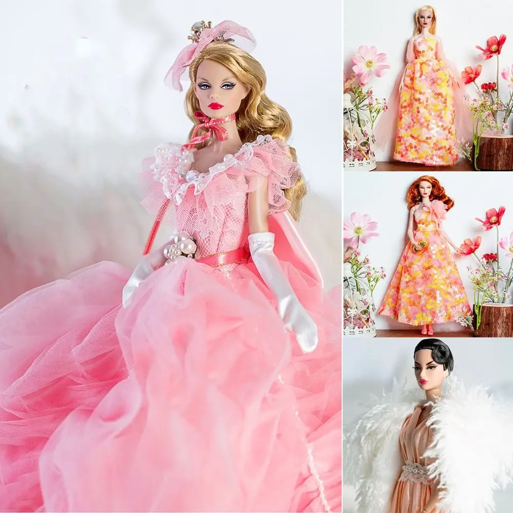 Moda europeia vestidos de renda rosa com xale sapatos colar luxo elegante vestido de noite para 1/6 bjd 30cm supermodelo bonecas