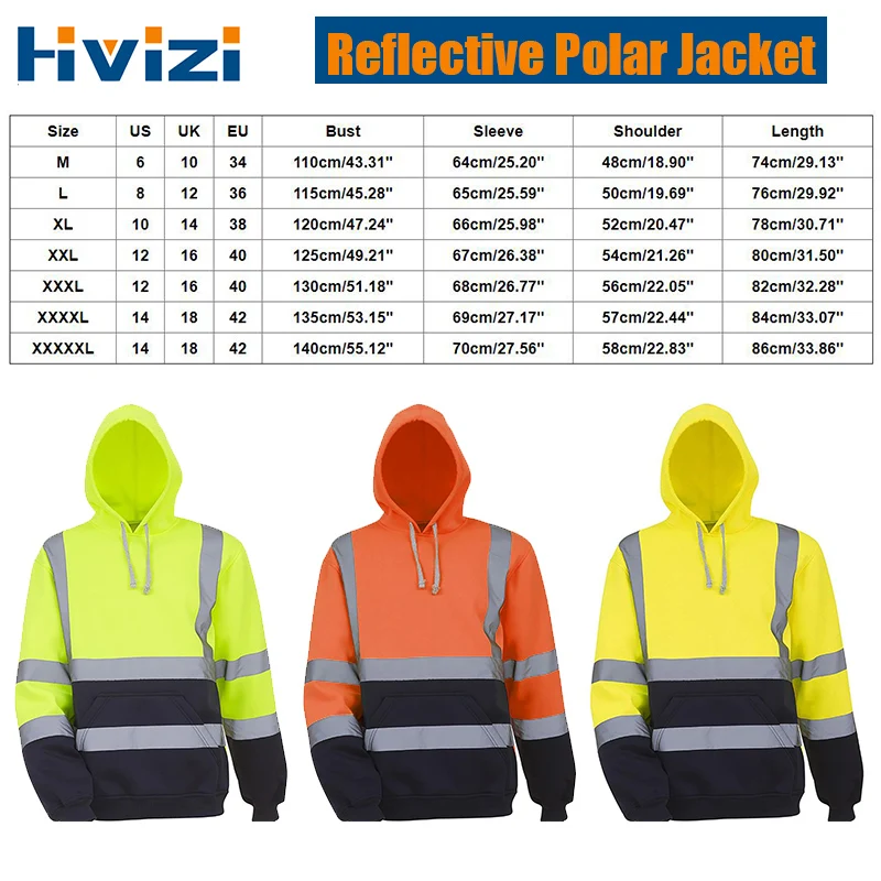 Mens Reflective Polar Fleece Jacket High Visibility Reflective Sweatshirt Hooded Lightweight Jacket Safety Clothing Workwear