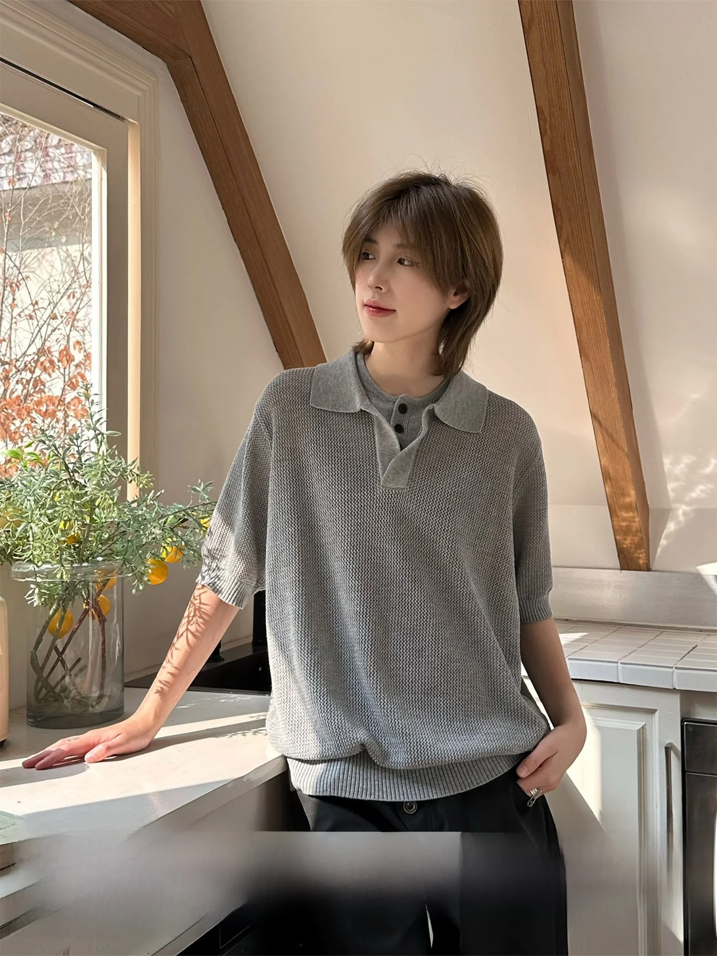 

High Intelligence Sensation Ja1 Shirt Neutral Style Vintage CleanFit Couple Knitted Short Sleeve Fake Two-Piece