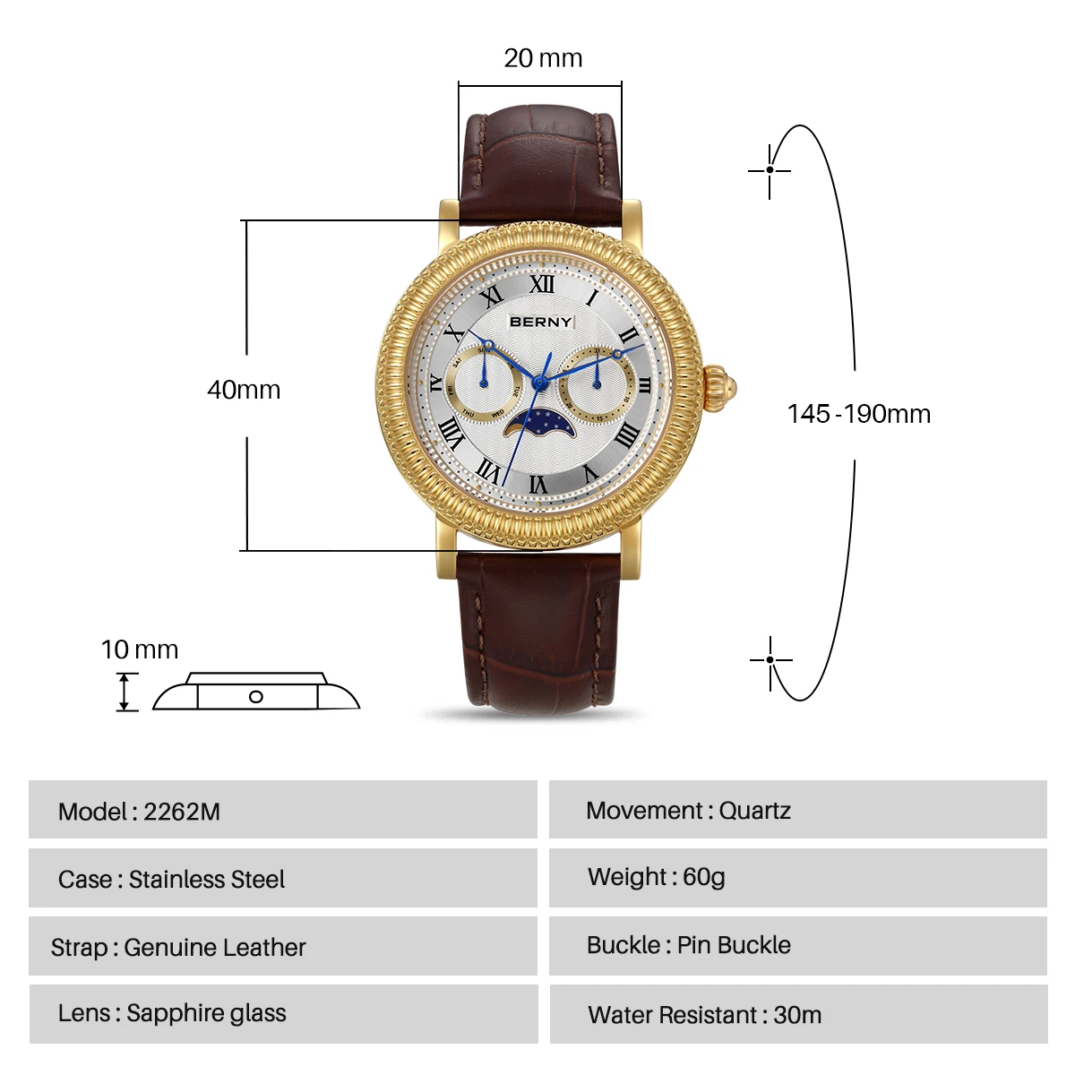 BERNY Uhren für Herren, Luxus-Kleidermarke, Business, Gold, Quarz, echte Monde, Herrenuhr, S/S, Saphir, Kalender, Mondphase-Armbanduhr – Detail 7