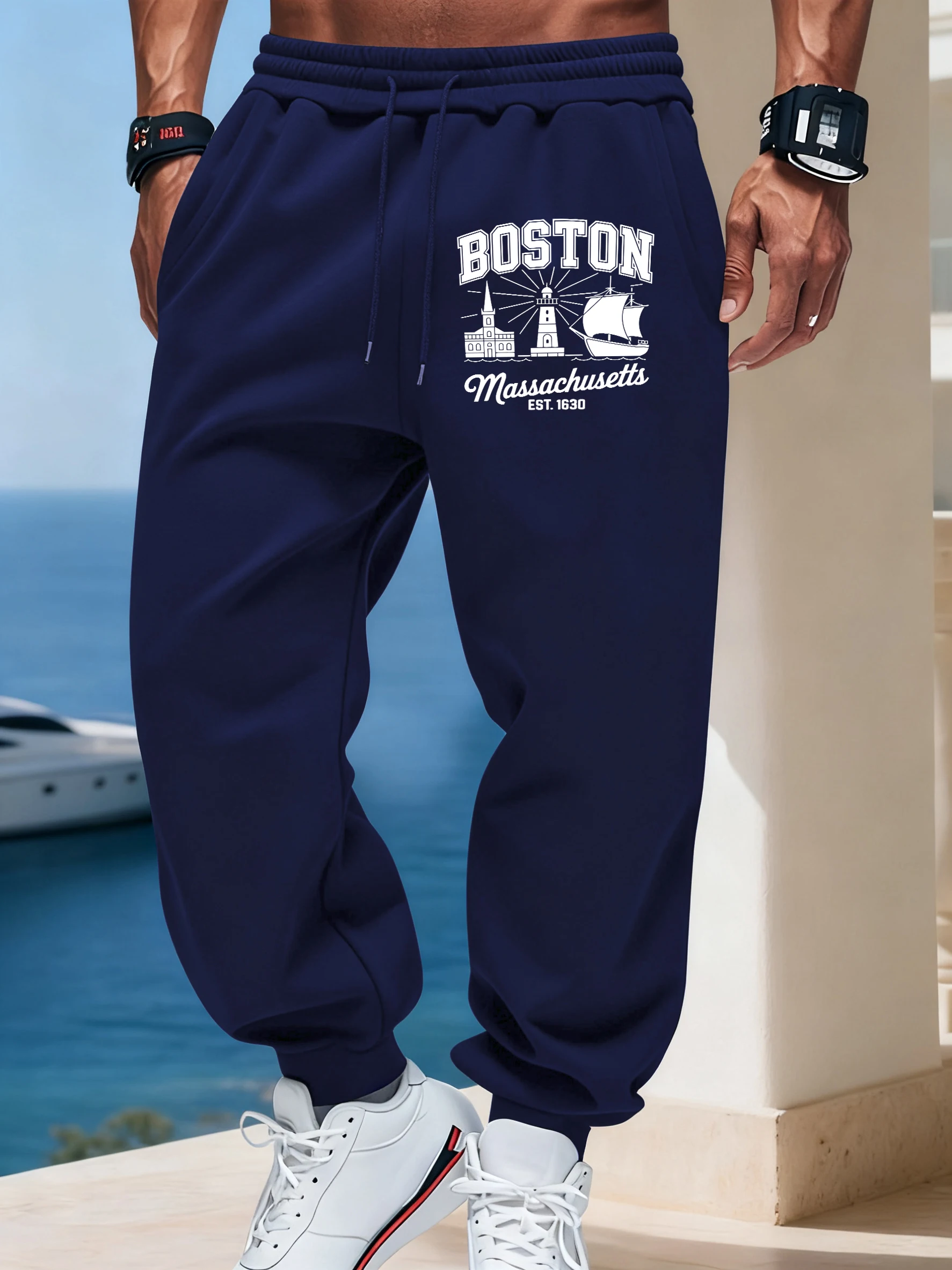 

Boston Est. 1630 Prints Men'S Casual Daily Sweatpants Street Autumn Long Pants Elastic Waist Jogging Trousers Basic Comfy Pant