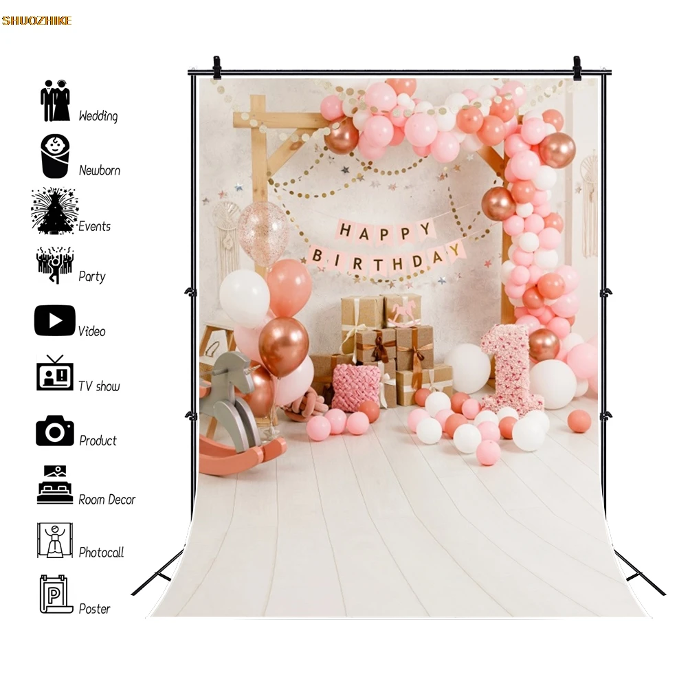 Baby Birthday Party Photography Backdrop Boy Girl 1st Birthday Balloon Flower Wood Floor Child Portrait Background Cake Smash